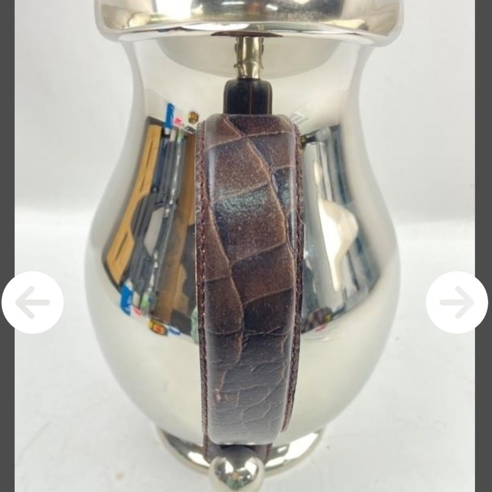 Polished Stainless Steel Pitcher Brown Faux Crocodile Leather Wrapped Handle - Picture 6 of 8